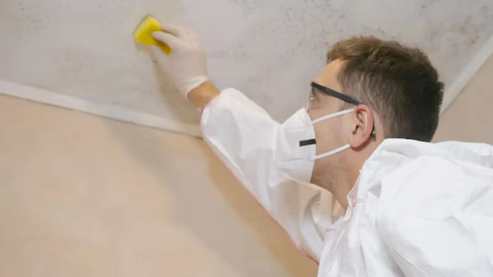 Person in a mask and white suit wiping mold from a ceiling corner
