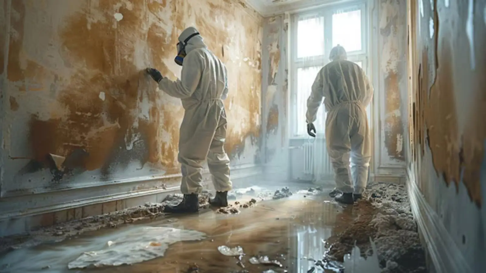 Two workers in protective suits inspecting mold-stained walls and a wet floor