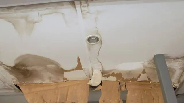 Water-damaged ceiling with a stain, a light fixture and a torn section of board