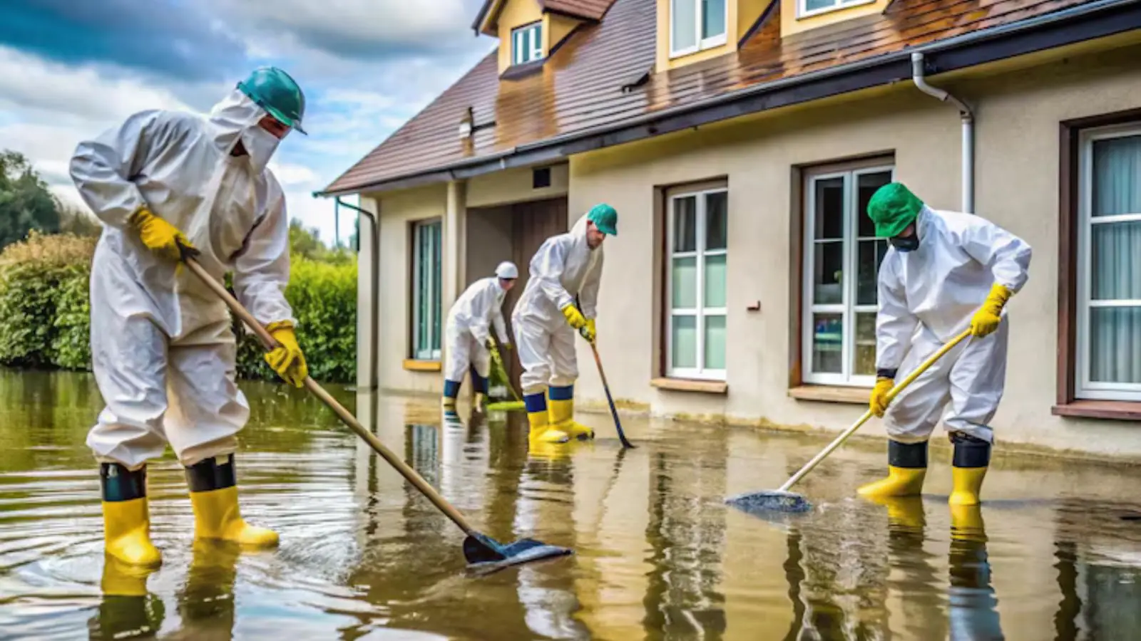 Crew in protective suits and yellow boots cleaning up flood water outside a house